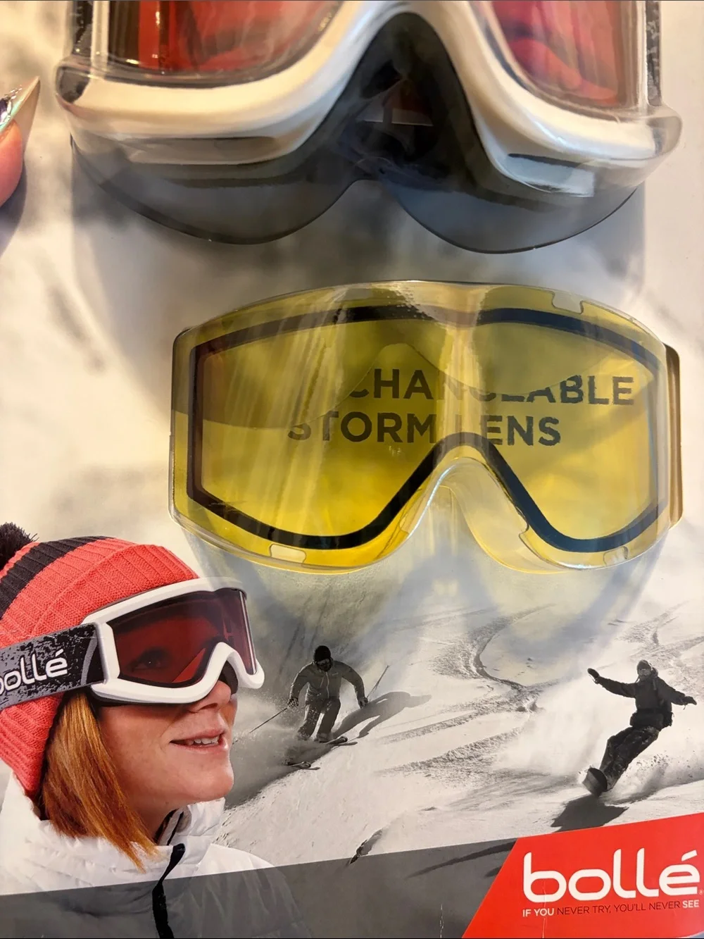 Bile White Snowboard Goggle with Red Mirror Lens and Yellow Replacement Lens